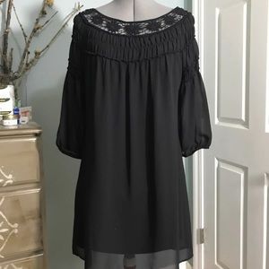 Black Lace & Chiffon Wide Neck Peasant Dress